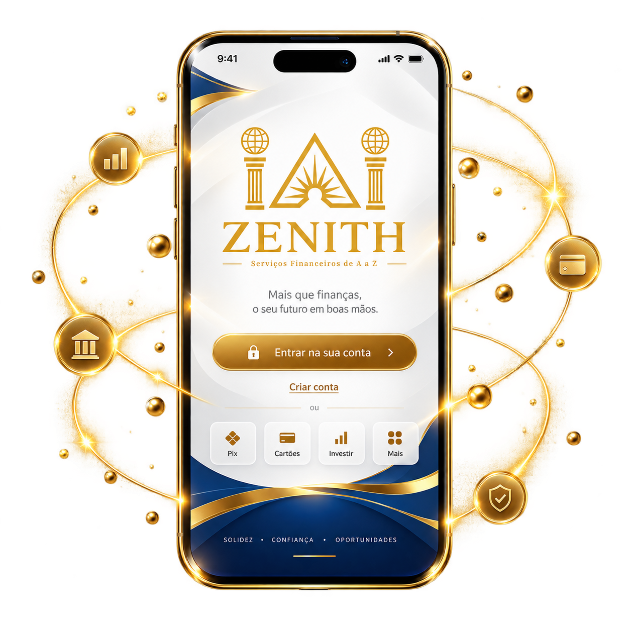 Smartphone em ambiente financeiro contemporâneo com iluminação dourada